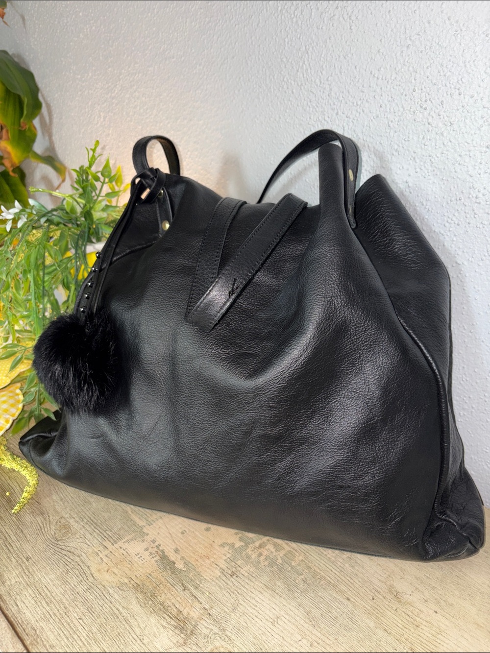 🍋American Apparel Leather Tote Bag with Pom Pom Charm